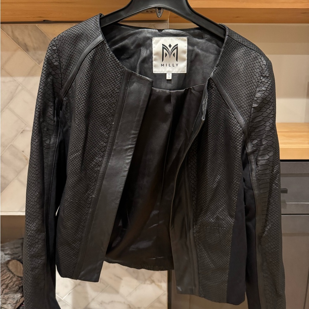 Milly Black Textured Leather-Trim Collarless Jacket